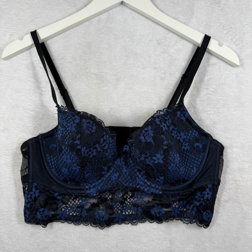 Adore Me Black Blue Floral Lace Longline Demi Bra 36C BR-07971-DEM Underwire